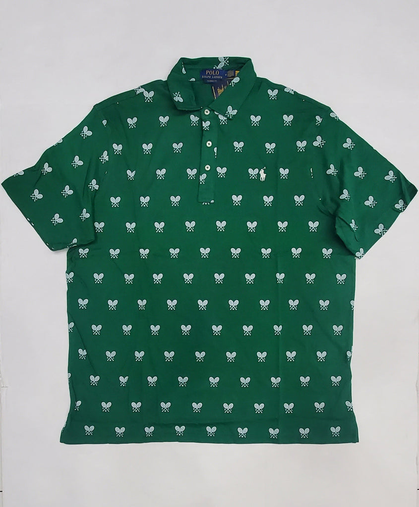 Nwt Polo Ralph Lauren Green Allover Tennis Racquet Print Classic Fit Polo
