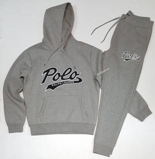 Nwt Polo Ralph Lauren Grey Double Knit Script Patch Logo Hoodie With Grey Double Knit Joggers - Unique Style
