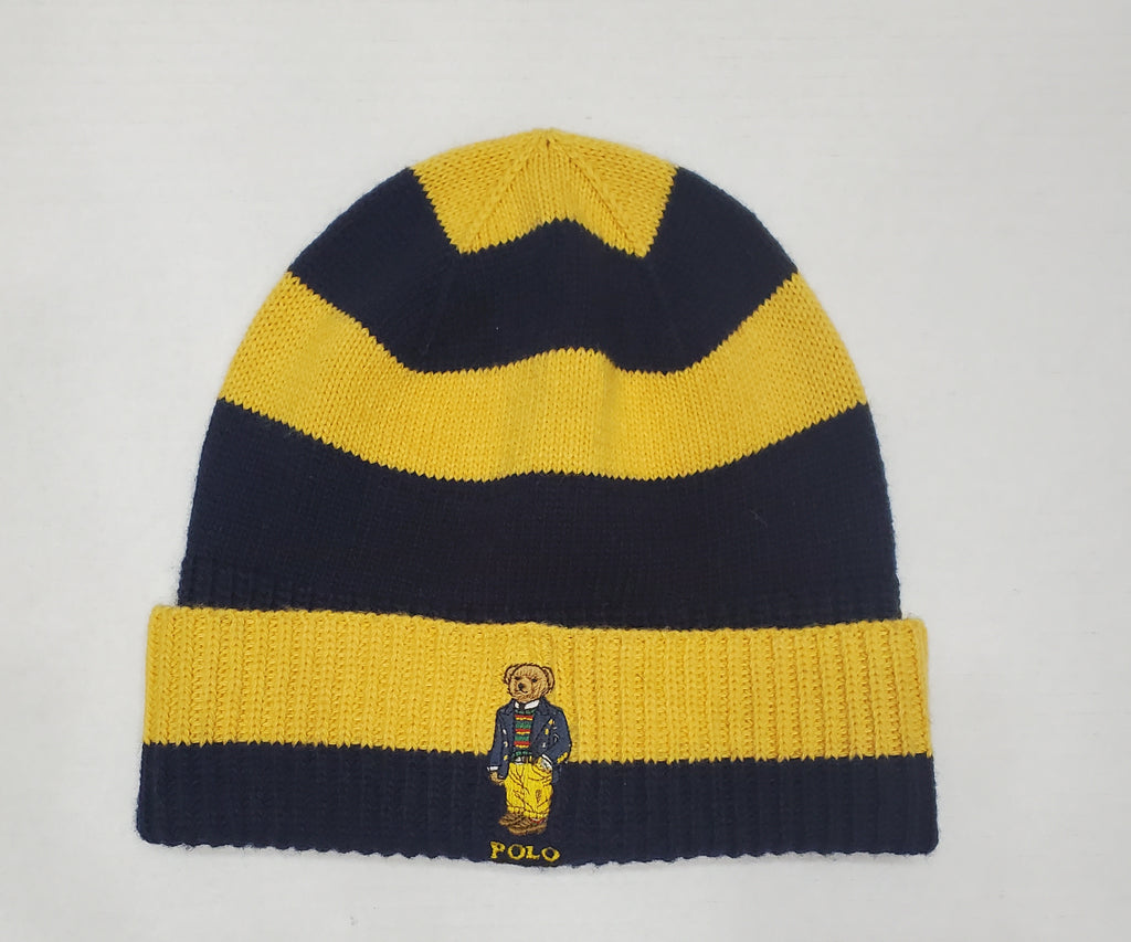 Nwt Polo Ralph Lauren Yellow/Navy Striped Polo Bear Skully