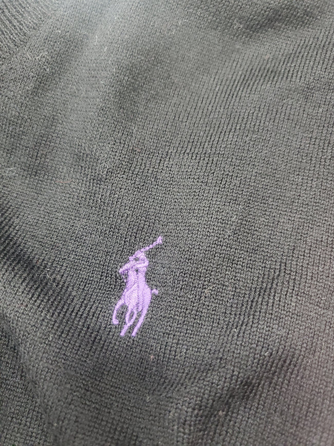 Polo Ralph Lauren Black w/Purple Horse V-Neck Wool Sweater - Unique Style