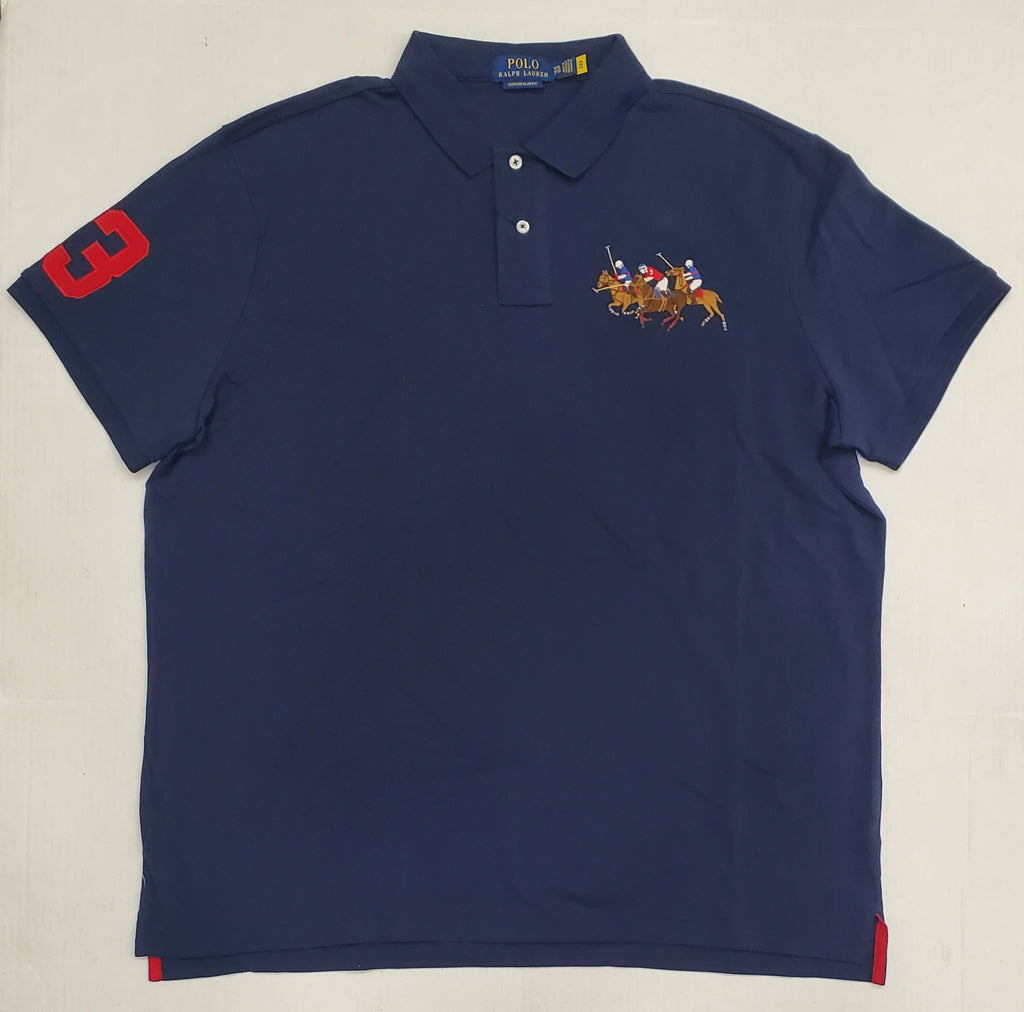 Nwt Polo Ralph Lauren Navy Triple Pony #3 in Red Custom Slim Fit Polo