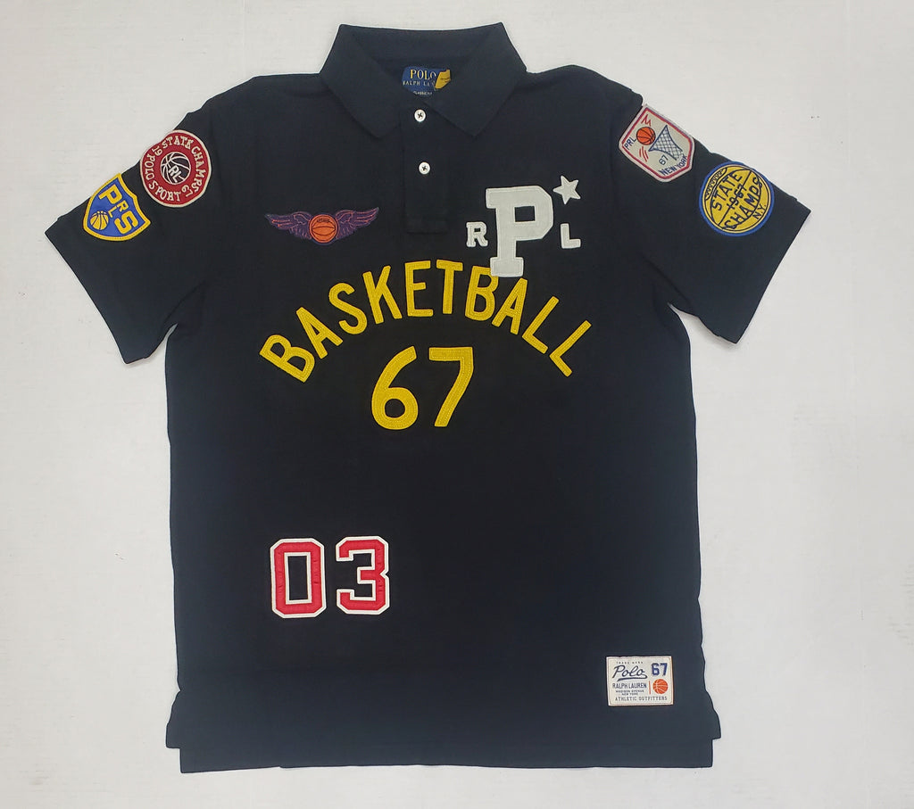 Nwt Polo Ralph Lauren Black Champs #67 Basketball Patches Classic Fit Polo