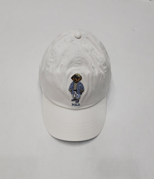 Nwt Polo Ralph Lauren White With Teddy Bear Wearing Blue Cardigan Adjustable Leather Strap Hat - Unique Style