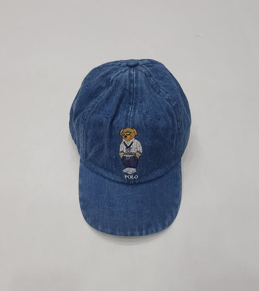 Nwt Polo Ralph Lauren Denim With Teddy Bear Wearing White Sweater Adjustable Leather Strap Hat - Unique Style
