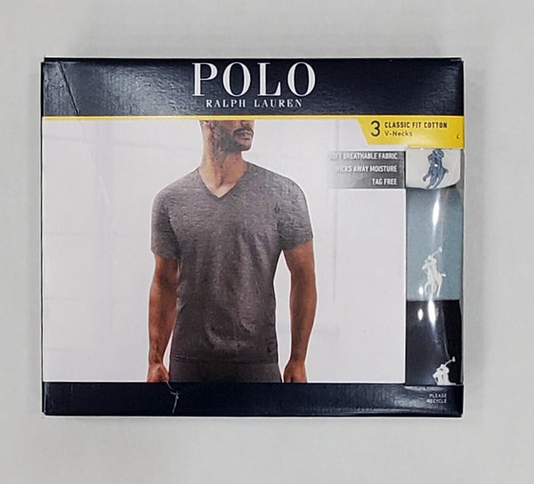 Polo Ralph Lauren Classic Fit 3 Pack V-Neck Mixed Color Tee (White/Sky Blue/Navy Blue) - Unique Style