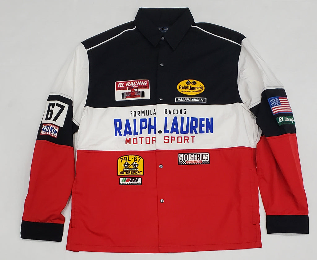 Nwt Polo Ralph Lauren White/Red/Black Motor Sport Formula Racing Long Sleeve Button UP