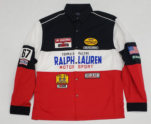 Nwt Polo Ralph Lauren White/Red/Black Motor Sport Formula Racing Long Sleeve Button UP - Unique Style