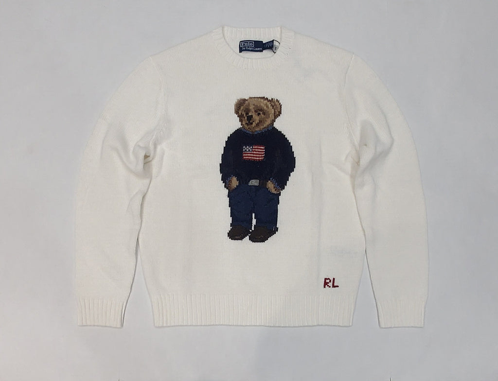 Nwt Polo Ralph Lauren White Standing American Flag Teddy Bear Sweater