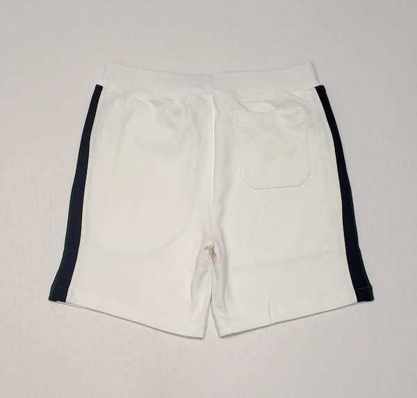 Polo Ralph Lauren white, green, and navy shorts with small pony logo, casual style, front view, lightweight fabric.