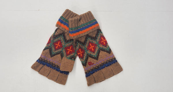 Polo Ralph Lauren tan multi geometric knit fingerless gloves with ribbed cuff and stylish pattern, designed for warmth and fashion.
