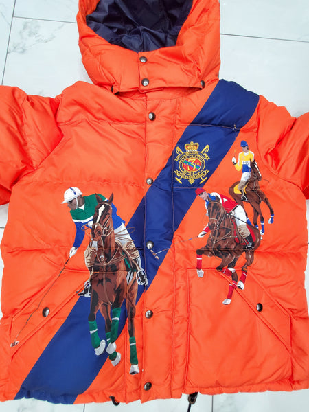 Nwt Polo Ralph Lauren Orange Equestrian Horse Graphic Print Crest Down Jacket - Unique Style