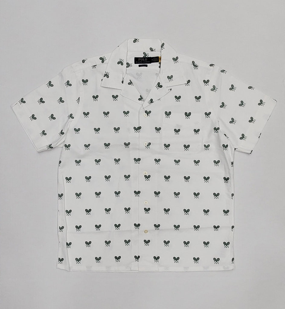 Nwt Polo Ralph Lauren White Allover Racquet Club Classic Fit Short Sleeve Button Up