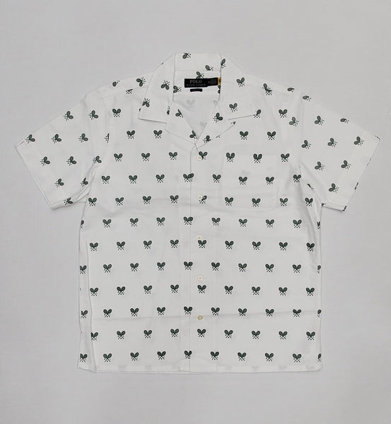 Nwt Polo Ralph Lauren White Allover Racquet Club Classic Fit Short Sleeve Button Up - Unique Style