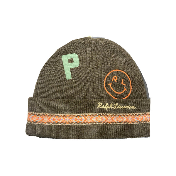 Polo Ralph Lauren olive brown RL Smiley patch skullie cap, stylish knit hat with embroidered logo and playful patch detail.