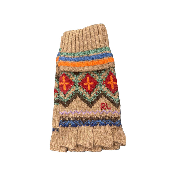 Polo Ralph Lauren tan multi-geometric knit fingerless gloves with ribbed cuffs, displayed upright.