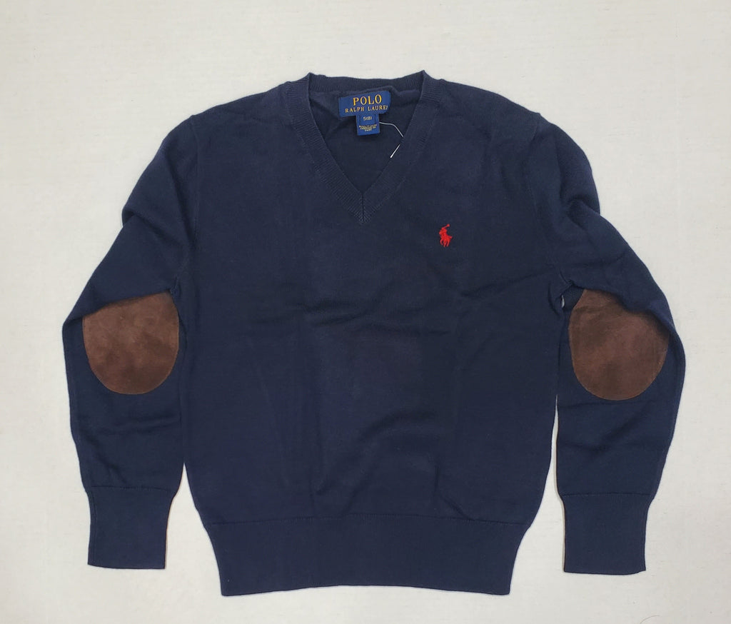 Nwt Kids Polo Ralph Lauren Navy with Red Pony Suede Elbow Patch Small Pony V-Neck Sweater (8-20)