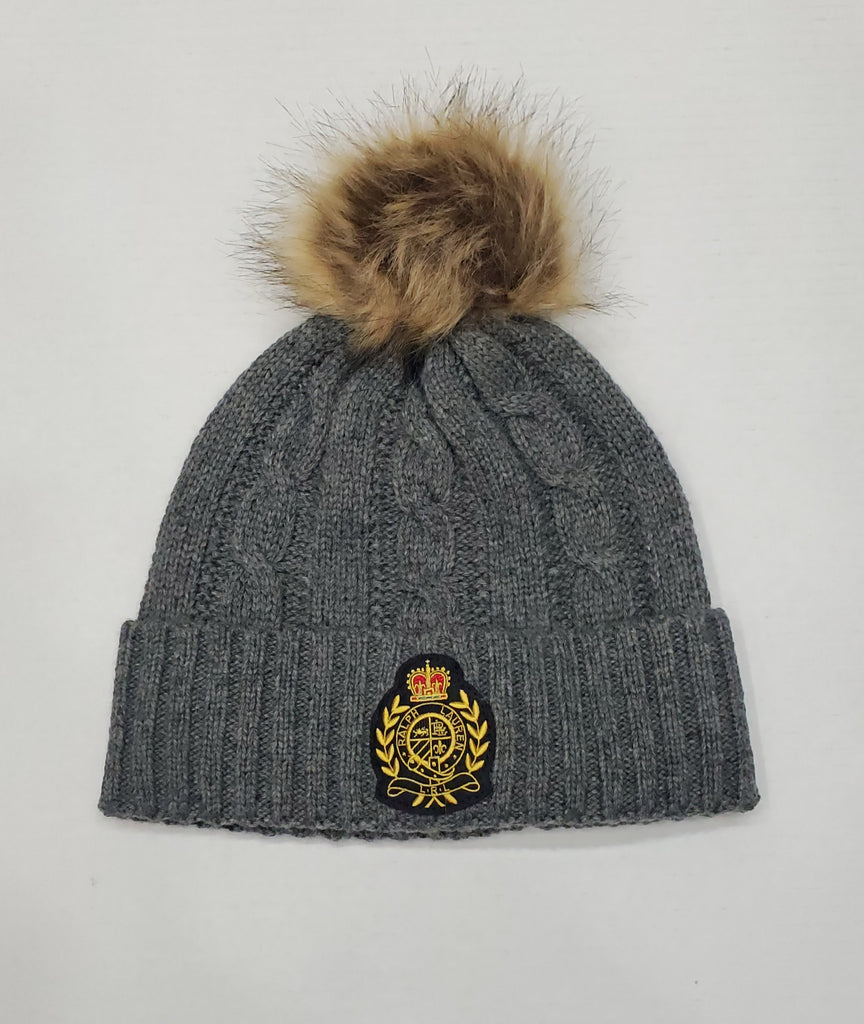 Nwt Lauren Ralph Lauren Grey Crest Patch Pom-Pom Cable Beanie
