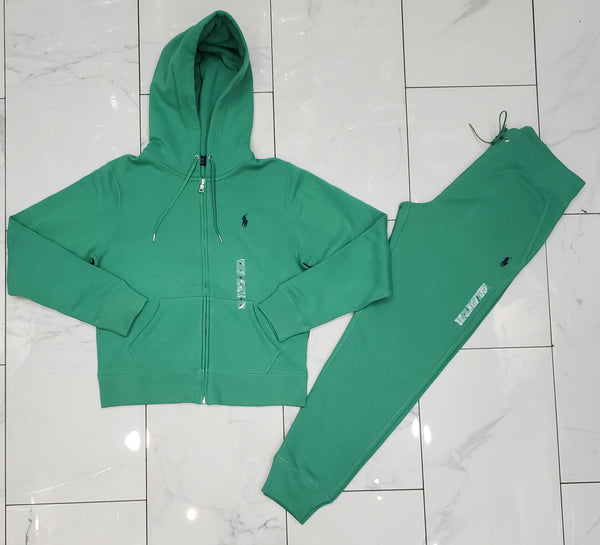 Nwt Polo Ralph Lauren Women's Green With Navy Pony Zip Up Hoodie & Matching Joggers - Unique Style