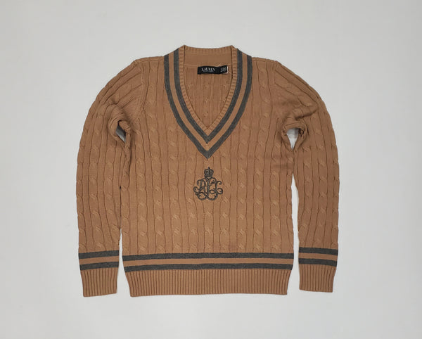 Nwt Polo Ralph Lauren Women's Camel Tan Cable Knit Script LRL Cotton Cricket Sweater - Unique Style