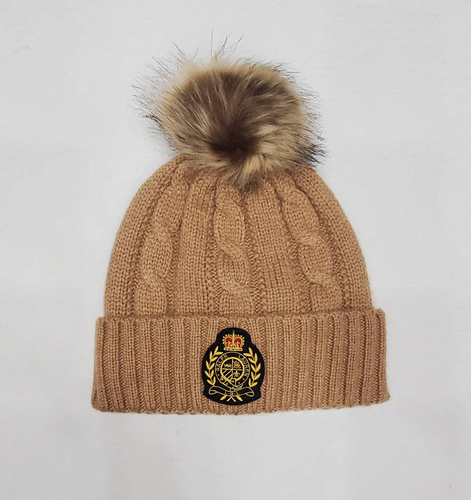 Nwt Lauren Ralph Laure Dark Beige Crest Patch Pom-Pom Cable Beanie