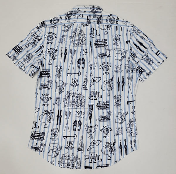 Polo Ralph Lauren men's white and blue stripe allover print classic fit button-up shirt displayed on a hanger.