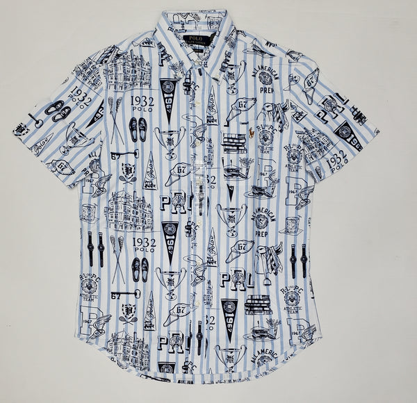 Polo Ralph Lauren men's classic fit button-up shirt with white and blue allover stripe print, featuring a collar and front buttons.