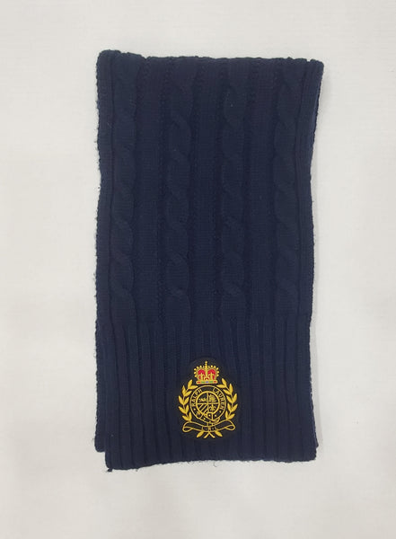 Nwt Lauren Ralph Lauren Navy Crest Patch Cable Knit Scarf - Unique Style