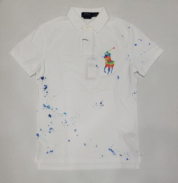 Nwt Polo Ralph White Big Pony Splatter Paint Custom Fit Polo - Unique Style