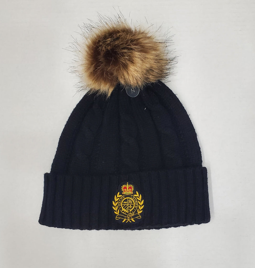 Nwt Lauren Ralph Lauren Black Crest Patch Pom-Pom Cable Beanie
