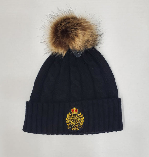 Nwt Lauren Ralph Lauren Black Crest Patch Pom-Pom Cable Beanie - Unique Style