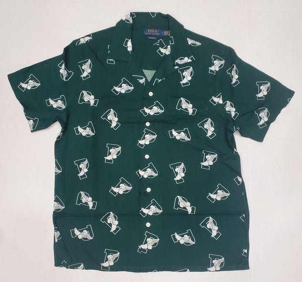 Nwt Polo Ralph Green P-Wing Allover Classic Fit Camp Short Sleeve Button Up - Unique Style