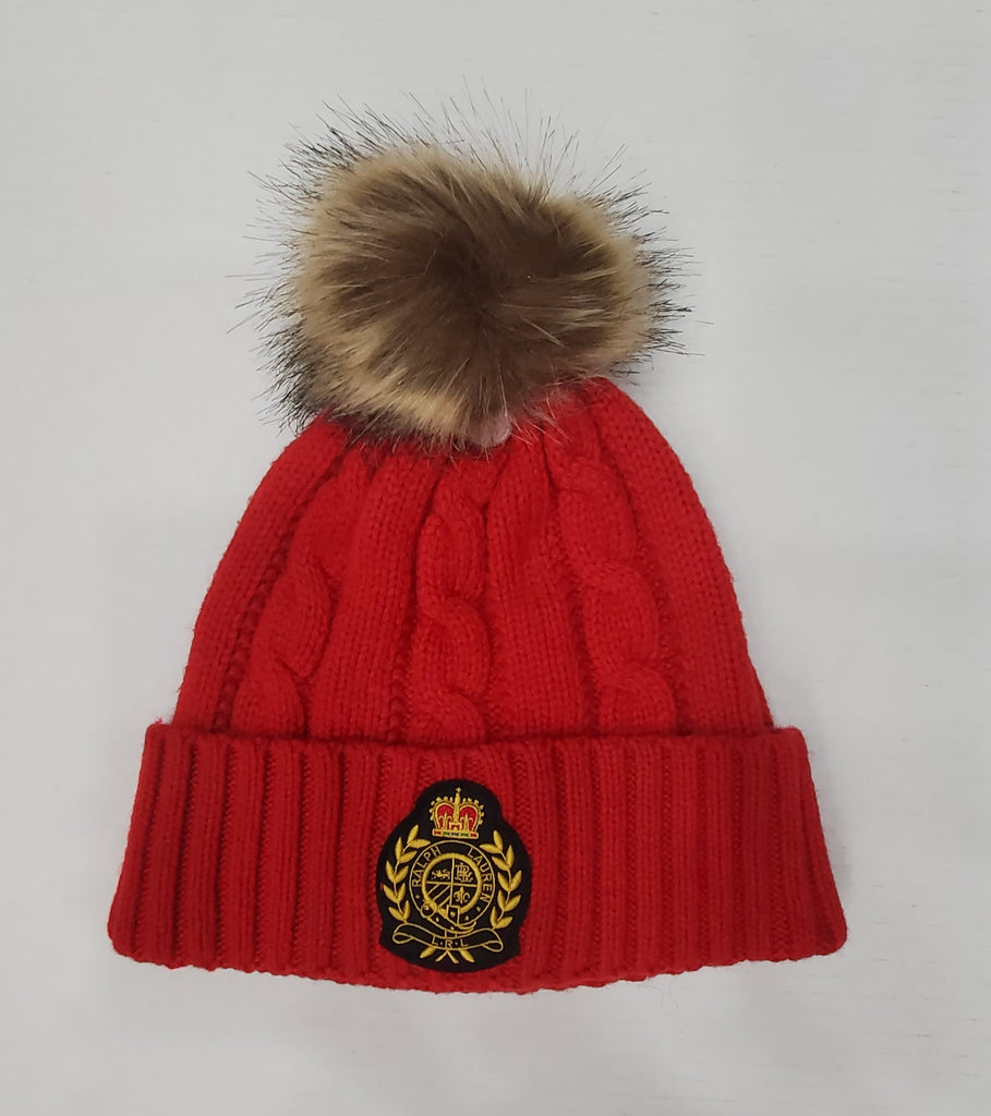 Nwt Lauren Ralph Lauren Red Crest Patch Pom-Pom Cable Beanie