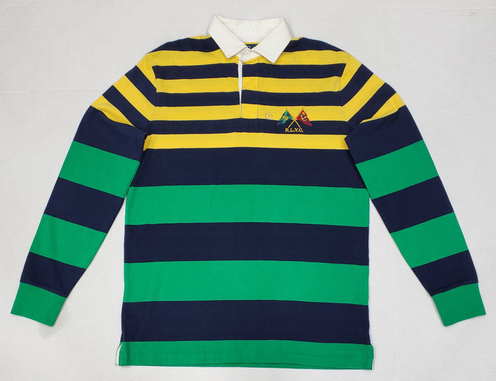 Nwt Polo Ralph Navy/Green/Yellow Striped RLYC Cross Flag Classic Fit Rugby