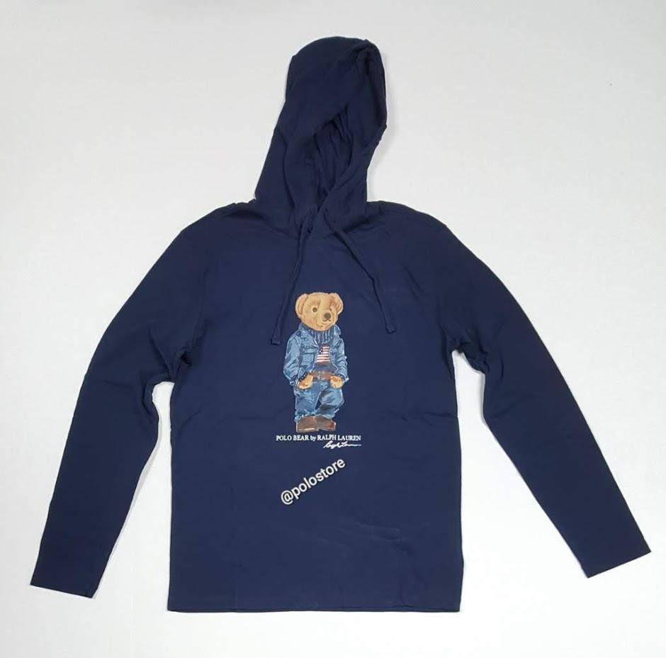 Nwt Polo Big & Tall Navy American Flag Teddy Bear L/S  Hoodie Tee