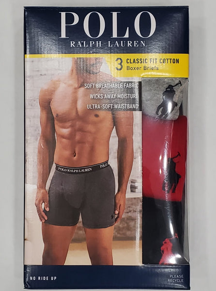 Polo Ralph Lauren Classic Fit 3 Pack Boxer Briefs (Grey/Red/Black) - Unique Style