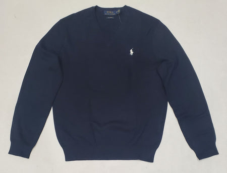 Nwt Polo Ralph Lauren Light Grey w/Navy Horse Cotton V-Neck Sweater