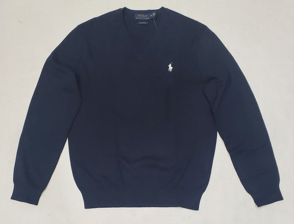 Nwt Polo Ralph Lauren Navy w/White Horse V-Neck Cotton Sweater - Unique Style