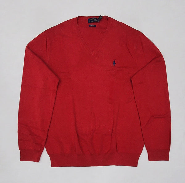 Polo Ralph Lauren Red w/Navy V-Neck Small Pony Cotton Sweater - Unique Style
