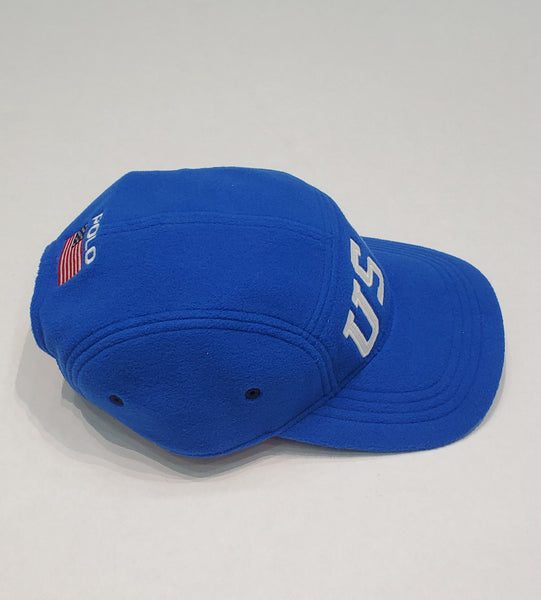 Royal blue Polo Ralph Lauren fleece 5-panel adjustable strap back hat, featuring a classic USA design and brand logo.
