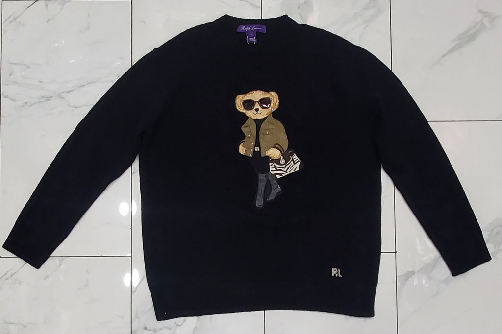 Ralph Lauren Women's Purple Label Bear Patch Black Cashmere Sweater