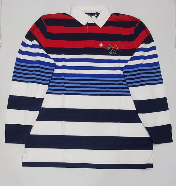 Nwt Polo Ralph Red/Navy/Blue/White Striped RLYC Cross Flag Classic Fit Rugby - Unique Style