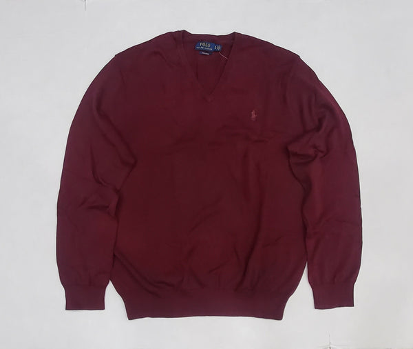 Polo Ralph Lauren Burgundy w/Burgundy Horse V-Neck Cotton Sweater - Unique Style