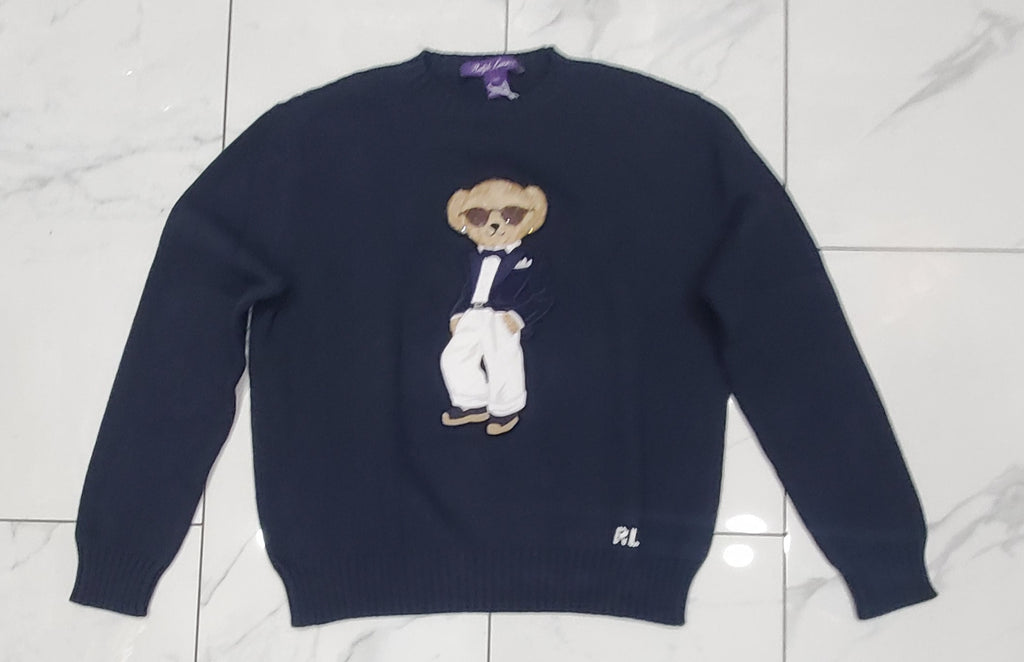 Ralph Lauren Women's Purple Label Bear Patch Navy Knitted Sweater