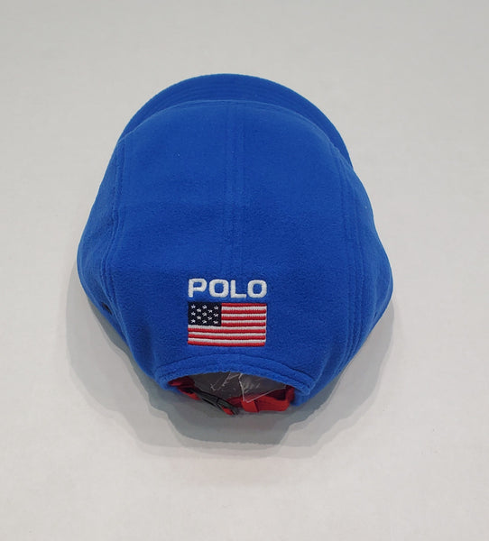 Royal blue Polo Ralph Lauren fleece 5-panel USA adjustable strap back hat with logo embroidery and curved brim.