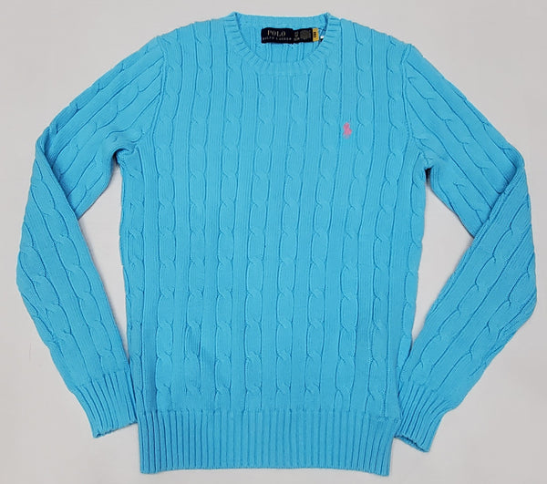 Nwt Polo Ralph Lauren Women's Aqua Cable Knit Small Pony Cotton Sweater - Unique Style
