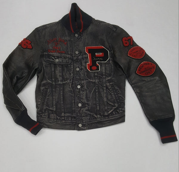Nwt Polo Ralph Lauren Black Bulldog RL Varsity Football Jean Jacket w/Leather Sleeves - Unique Style
