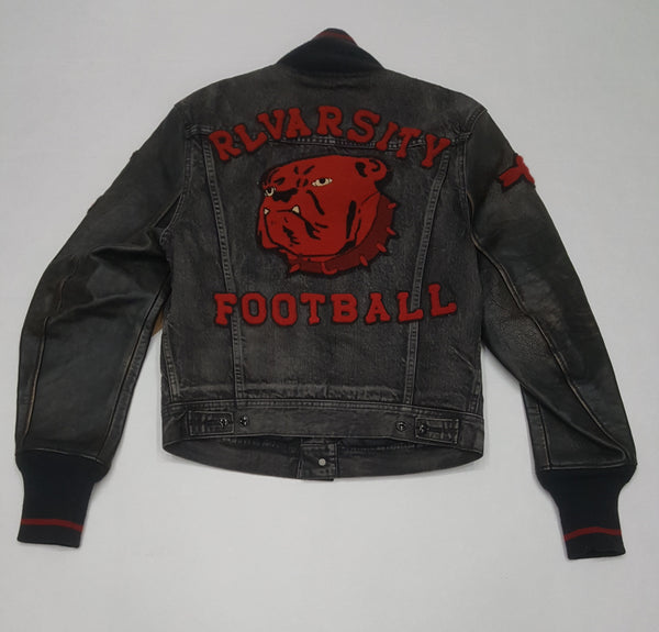 Nwt Polo Ralph Lauren Black Bulldog RL Varsity Football Jean Jacket w/Leather Sleeves - Unique Style
