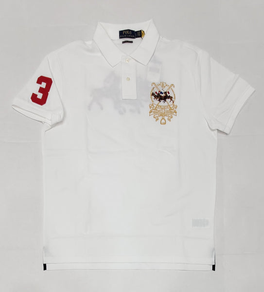 POLO RALPH LAUREN CUSTOM SLIM FIT TRIPLE-PONY POLO SHIRT, White Men's Polo  Shirt