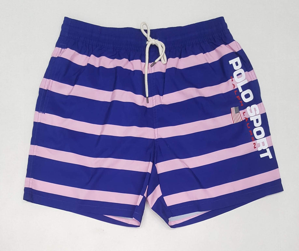Nwt Polo Ralph Lauren Royal Pink Striped Polo Sport Swim Trunks