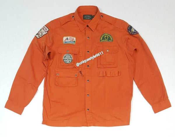 Nwt Polo Country Orange Sportsman Patches Maine Guide Button Up - Unique Style